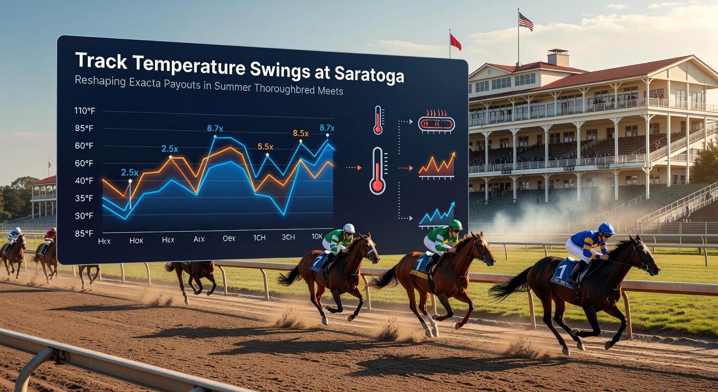 Saratoga Race Course main track under varying summer sunlight with visible heat shimmer on the surface