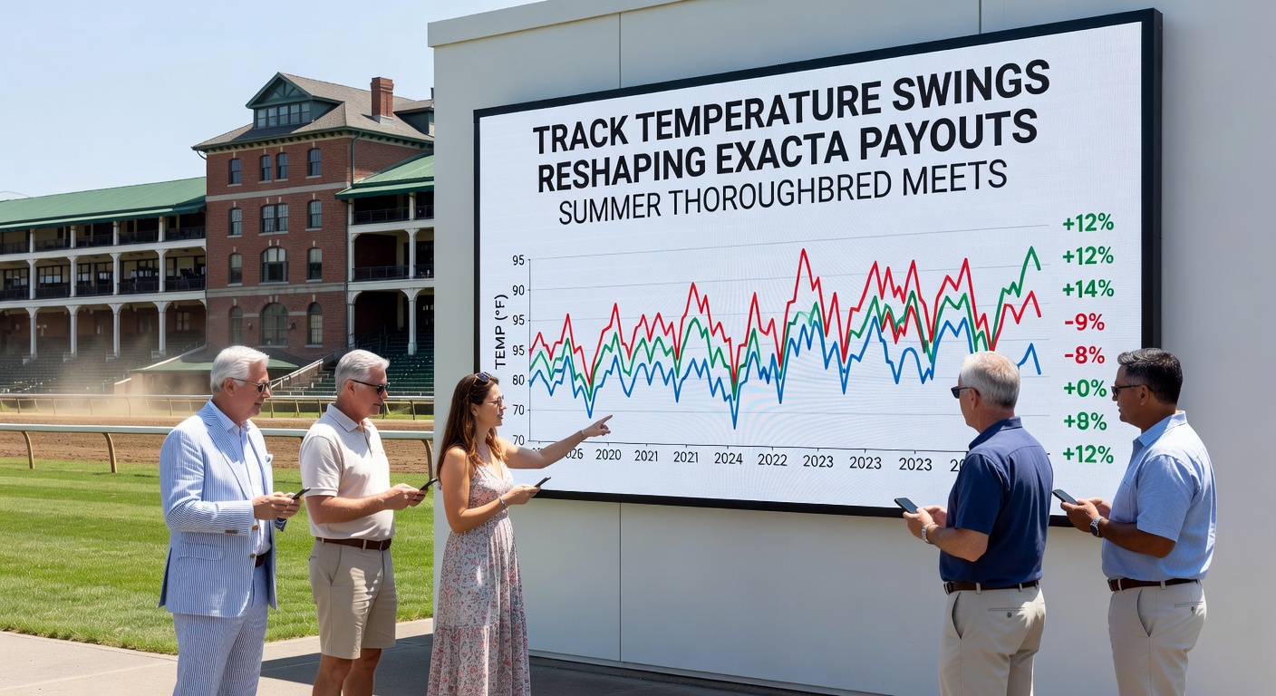 Close-up of Saratoga dirt track surface showing temperature probe readings and maintenance crew adjusting moisture levels
