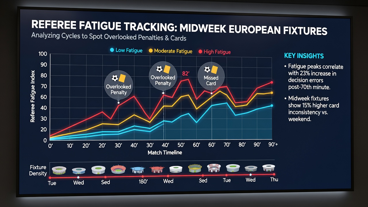 Data visualization showing referee fatigue metrics and card distribution in European fixtures