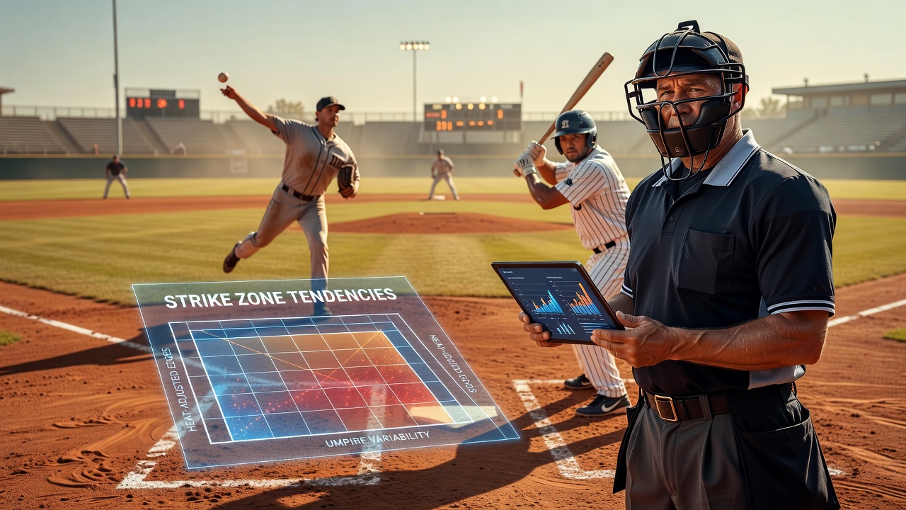 Minor league baseball game underway under intense summer sun with umpires positioned behind home plate