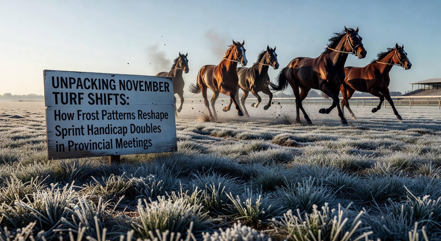 Frost covering the turf surface at a provincial racecourse during November morning inspections