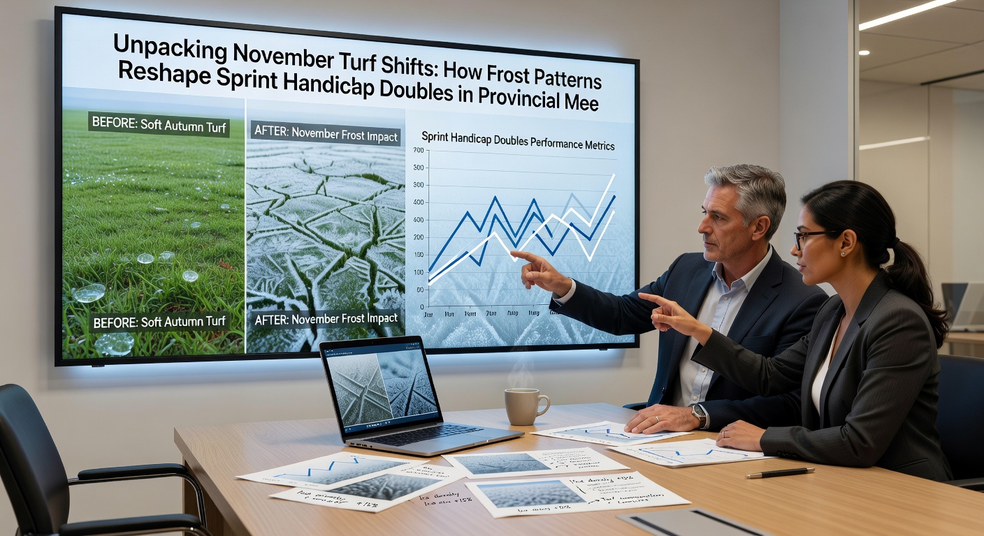 Horses competing in a sprint handicap on a November afternoon with visible frost-affected turf patches