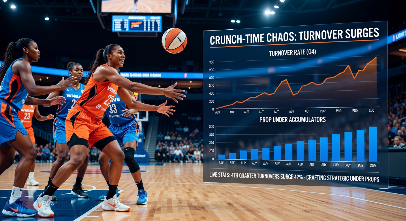 Close-up of a WNBA guard losing the ball under pressure from defenders in overtime, capturing the turnover-prone intensity of end-game situations